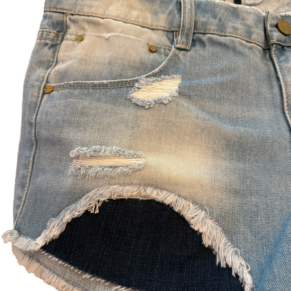 Blue Distressed Jean Shorts with Frayed Hem - Picture 4 of 9